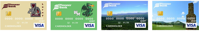 Sample custom debit card designs from Pioneer Bank
